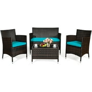 Gymax 4PCS Patio Rattan Conversation Furniture Set Outdoor Turquoise Cushioned