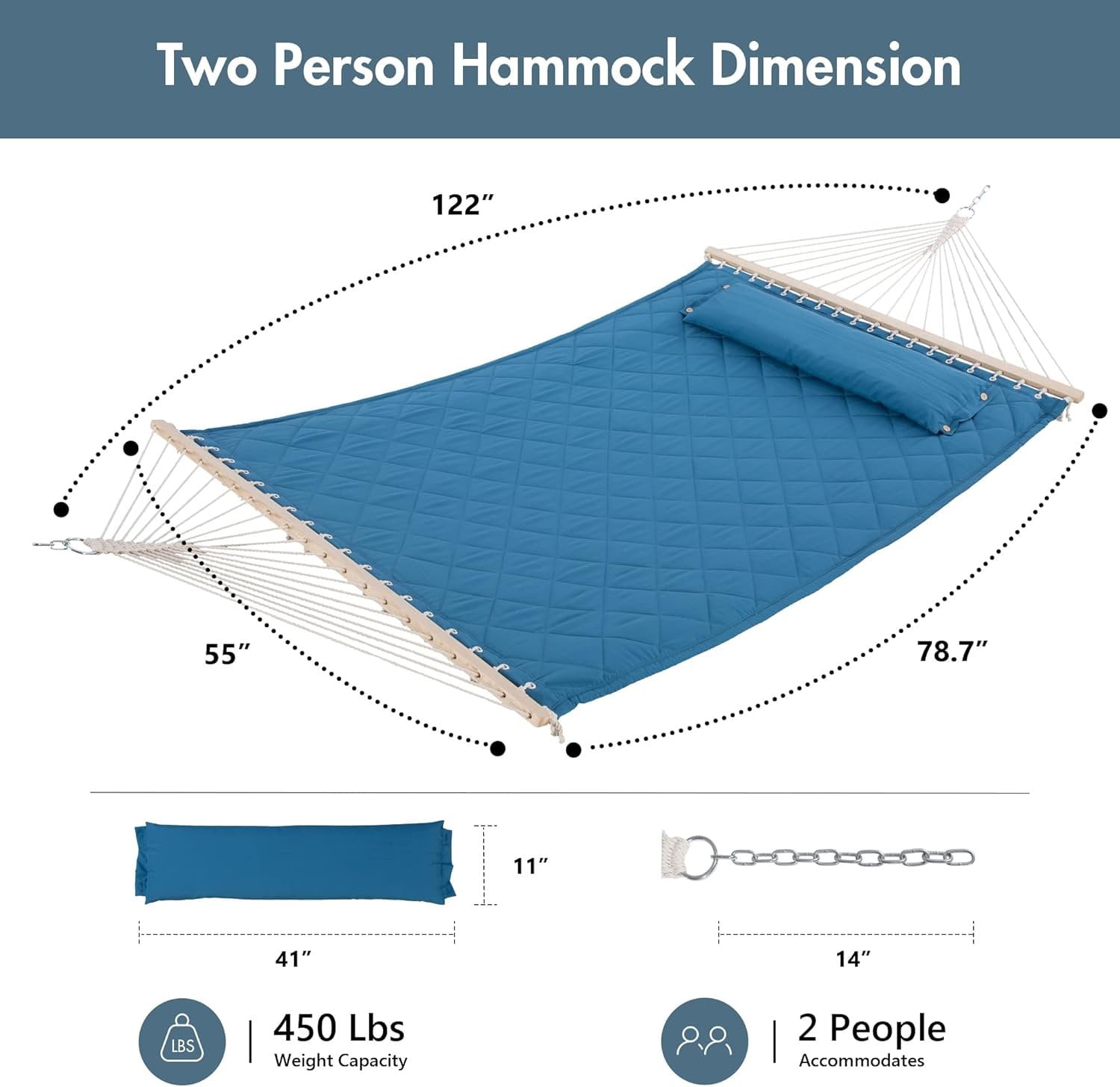 Quilted Hammock with Spreader Bars and Detachable Pillow, Large Hammock for Outdoors Indoors, 450 LBS Weight Capacity, Blue