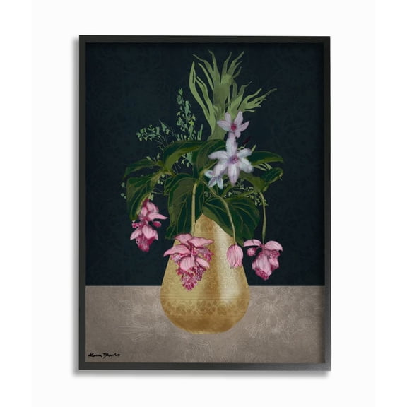 Stupell Industries Gold Vase Pink Flower Drawing Graphic Art Black Framed Art Print Wall Art, 24x30, by Karen Dreyfus
