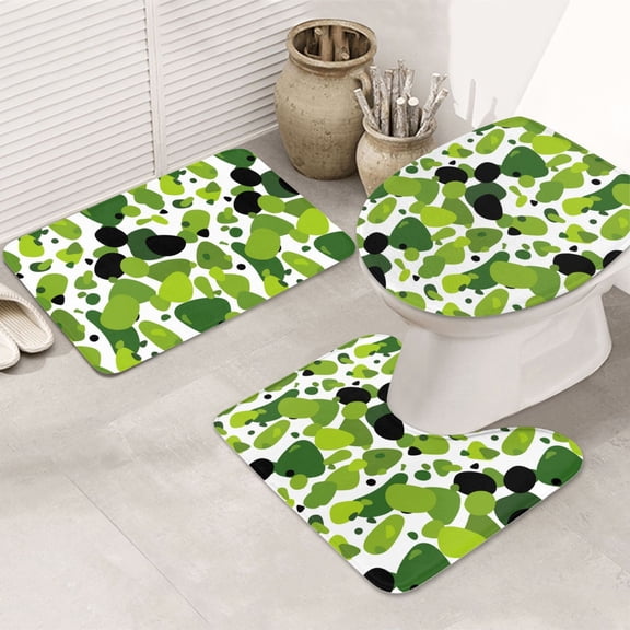 Bathroom Rugs Sets 3 Piece - Light Green spots Absorbent Non Slip Bath Mats, U-Shape Toilet Lid Cover, Contour Mat, Soft Washable Shower Mats Bath Rug Mat for Bathroom Tub Toilet
