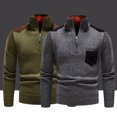 thumbnail image 3 of comerut Men Sweater Contrast Colors High Collar Pockets Zipper Long Sleeves Elastic Casual Keep Warm Anti-shrink Spring Sweater for Home, 3 of 8