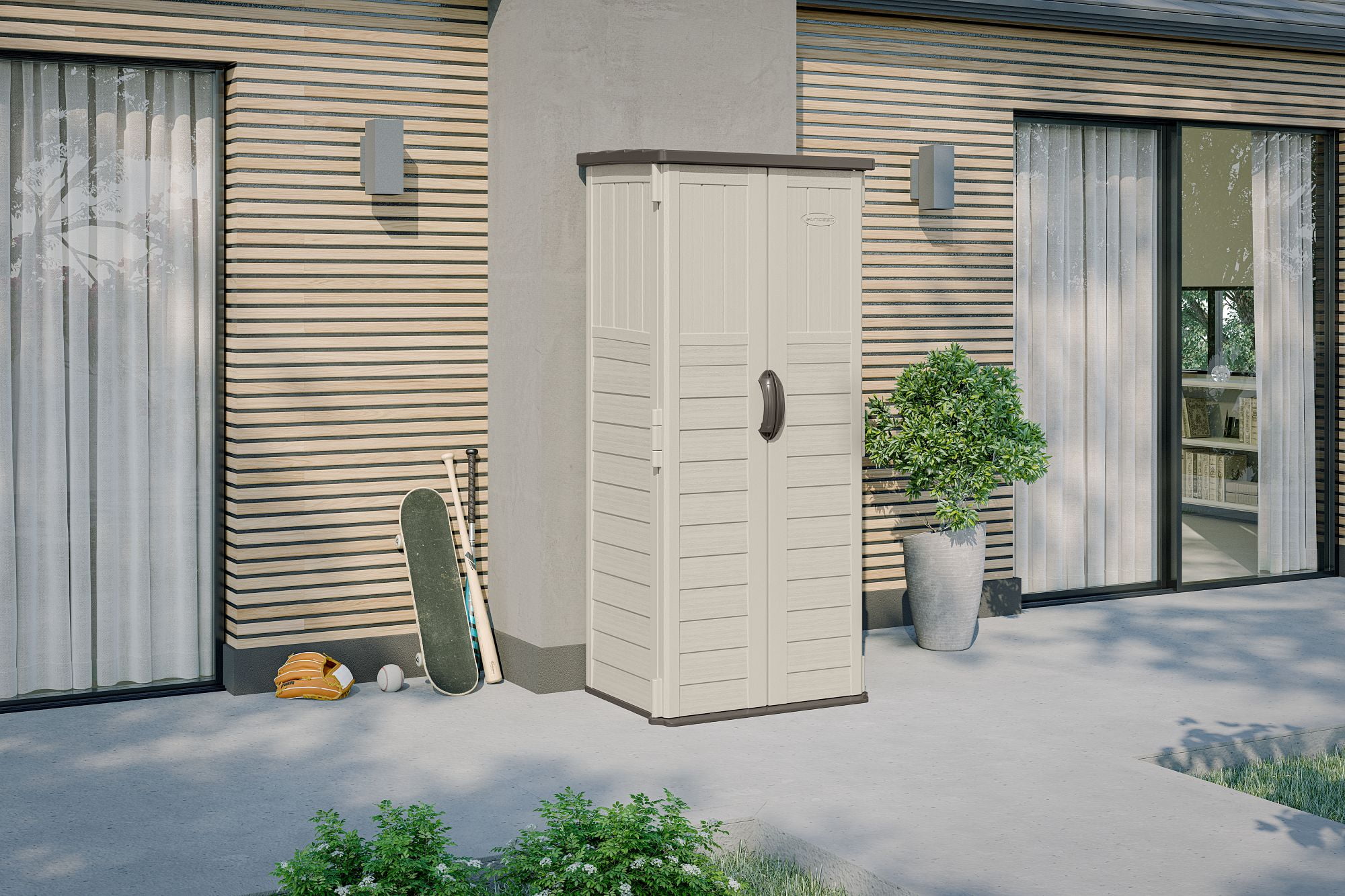 Suncast 22 cu. ft. Weather-Resistant Resin Vertical Outdoor Storage Shed, Light Taupe