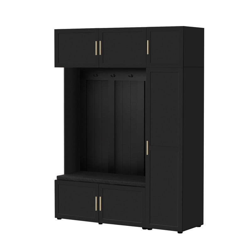 4-in-1 Hall Tree with Padded Bench and Storage Cabinets, Entryway Coat Rack with 4 Hooks and Multi-Tier Storage Shelves, Mudroom Bench Shoe Organizer for Living Room Hallway