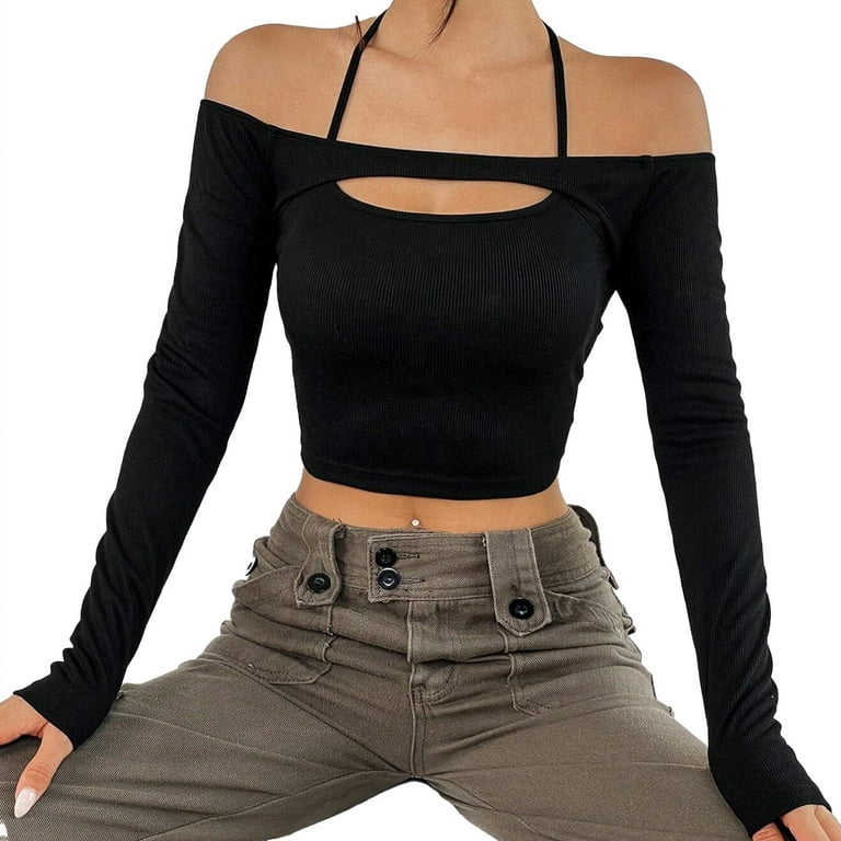 【U LAN】Butterful Print Off-Shoulder Long Sleeve Women's Cut Out Long Sleeve Off Shoulder Halter Crop T