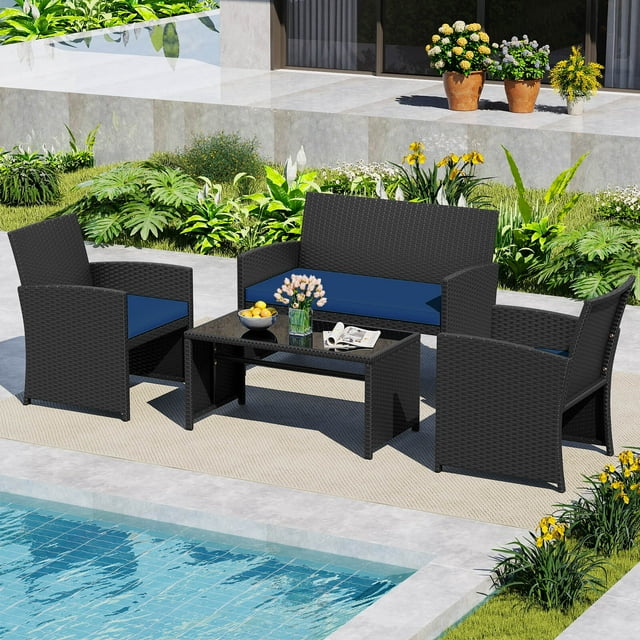 Costway 4 PCS Patio Conversation Set with Seat Cushions & Tempered Glass Tabletop, Porch Navy+Black