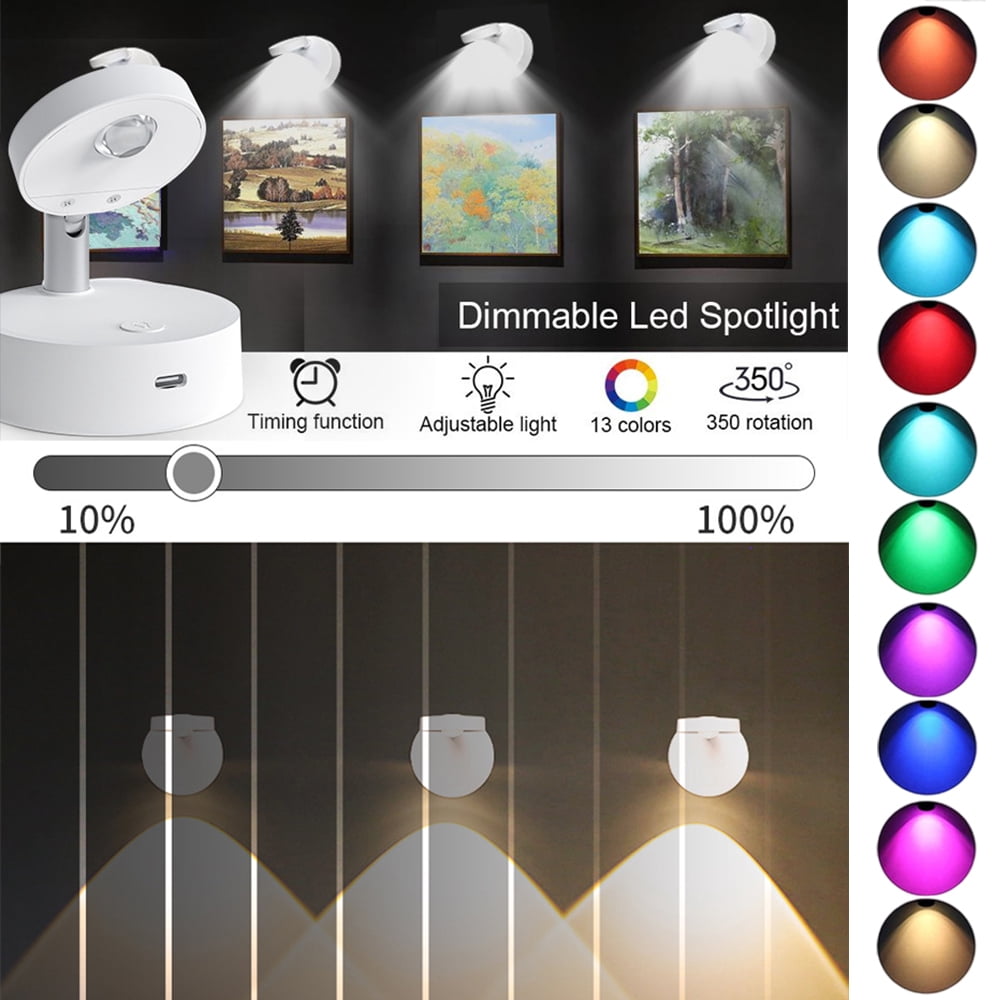 Wireless RGB Remote Control Spotlight Rechargeable Accent Lights LED Puck Light Dimmable Timer Uplight with Magnet Stick-on Anywhere for Lighting Up Painting Picture Artwork Closet Showcase,4Pack