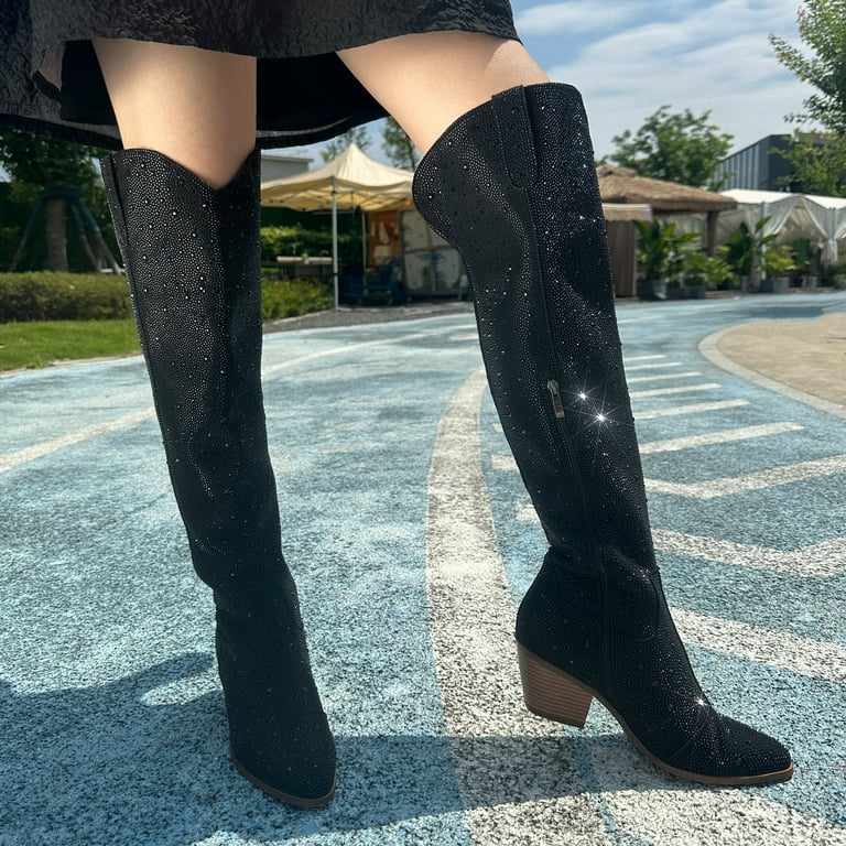 RONILURN Women Rhinestone Over the Knee Cowboy Boots Sparkly Bling