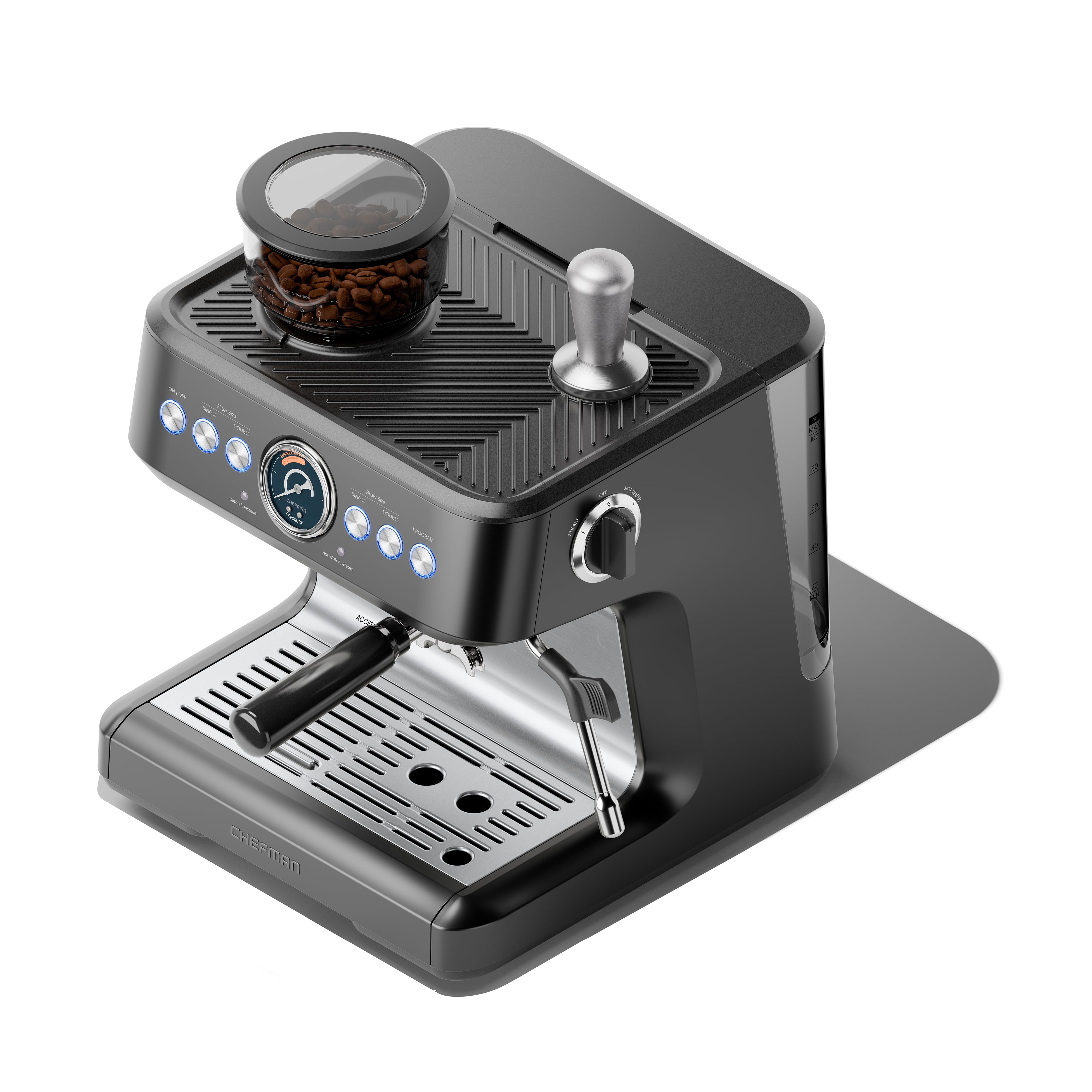Chefman Crema Deluxe Double Boiler Espresso Machine, Conical Burr Grinder and Steam Wand – Black