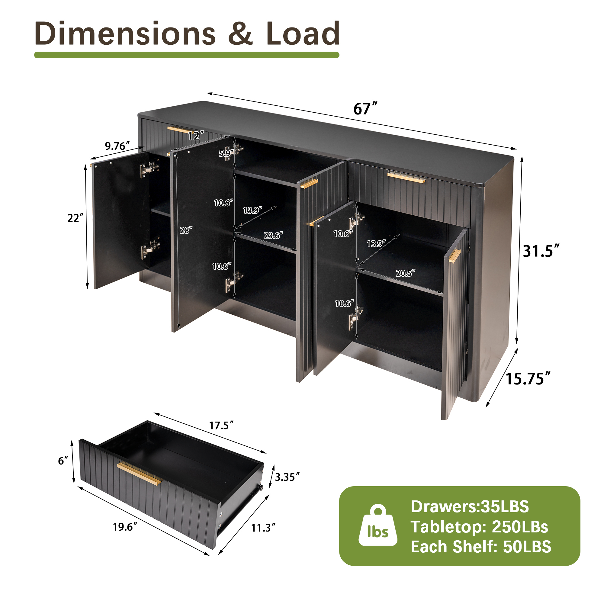 HOQBN 67" Fluted Buffet Sideboard, Modern Storage Cabinet with 6 Doors & 2 Drawers,Large Credenza for Dining Room,Living Room,Entryway,Black