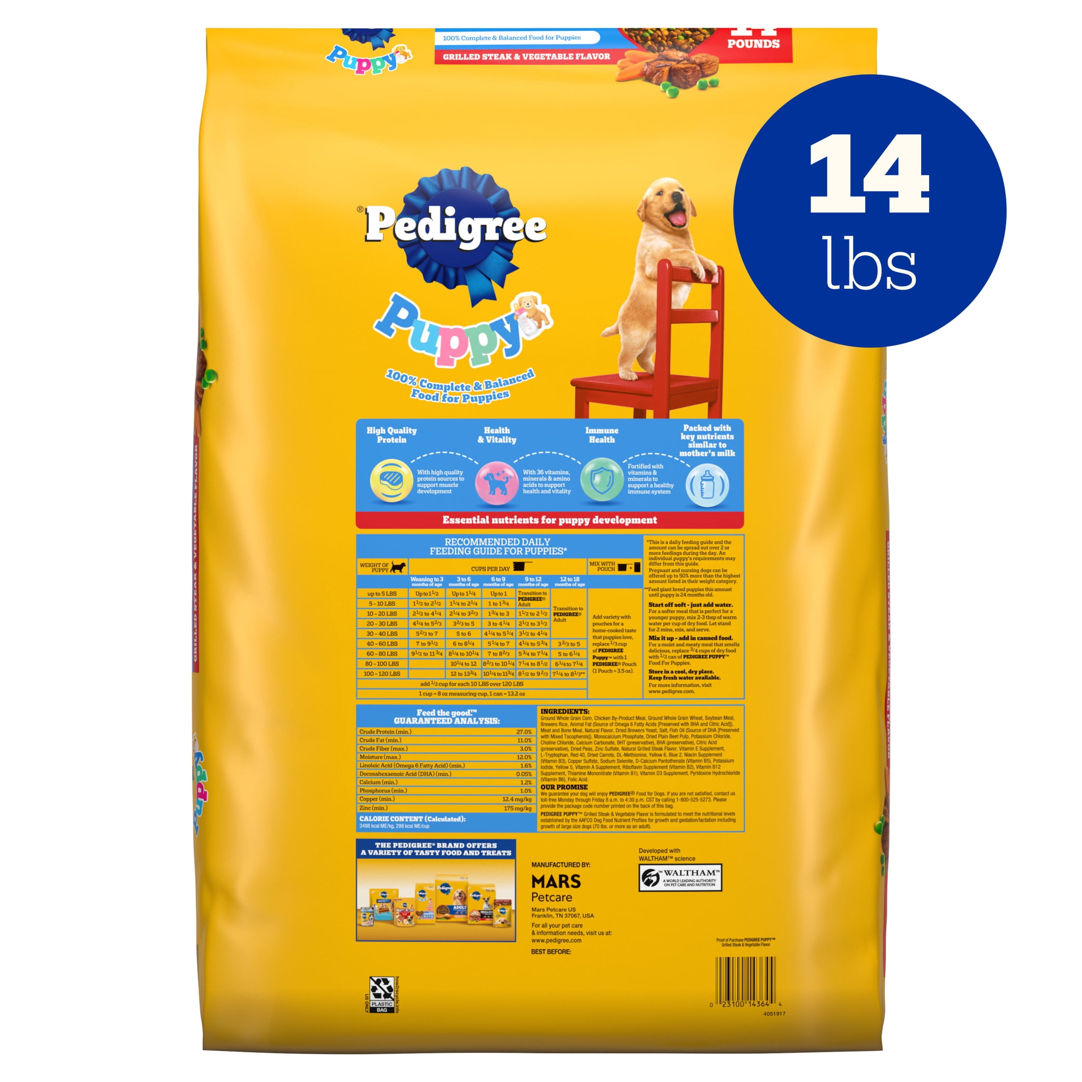 Pedigree Puppy Growth & Protection Grilled Steak & Vegetable Dry Dog Food for Puppy, 14 lb Bag