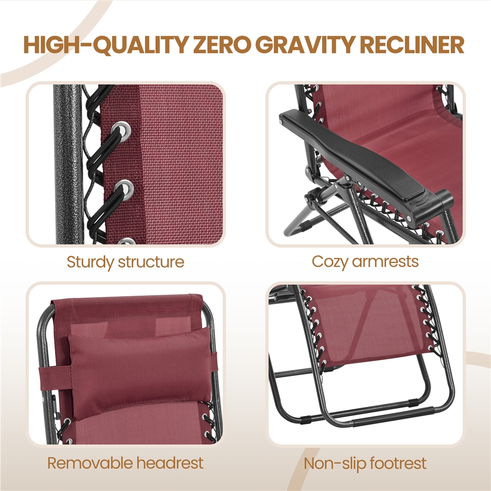 Alden Design 2pcs 26in Foldable Outdoor Zero Gravity Chair with Cupholder/Pillow, Burgundy