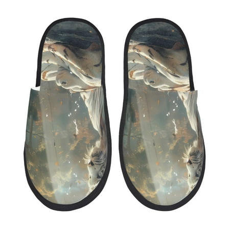Balery Forest Meditating White Tiger Slient Indoor Furry Fleece Comfort House Shoes Soft Non-Slip Home Shoes Cotton slippers House Slippers-- Medium