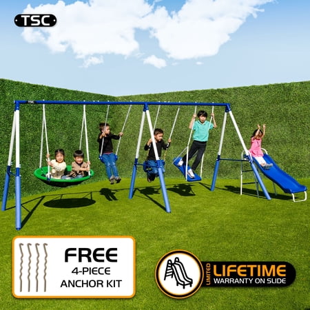 TSC Malibu Metal Swing Set with 5ft Slide for Kids 3-8 with Classic Swing, 38" Saucer, Surfboard Swing, Standing Swing, 5ft Slide & BONUS Anchor Kit | 16.1' x 7.5' × 6.1'
