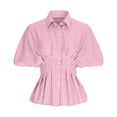 thumbnail image 5 of SSZMDLB Women Collared Short Sleeve Button Down Pleated Peplum Top Casual Blouse Solid Basic Shirt Office Outfits Summer Work Tops, Pink S, 5 of 7
