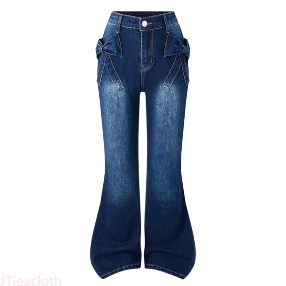 JTieacloth Girls Jeans Denim Stretch Flared Denim Pants For Teen Girls With Elegant 3D Bow Design Comfortable Trousers For Juniors Casual Wear And School Outfits,Sizes 8-9 Years
