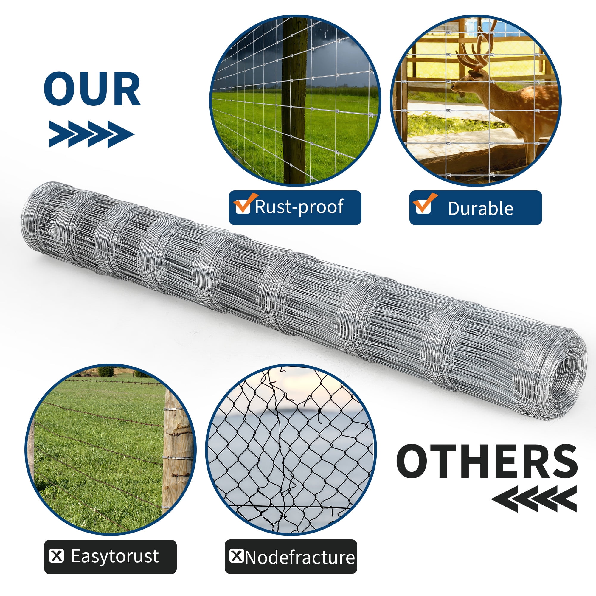 Gaderth 6Ft x 100Ft Heavy-Duty Galvanized Wire Livestock Fence, Durable Metal Mesh for Cattle, Goat & Deer Protection, Corrosion-Resistant Farm & Yard Barrier