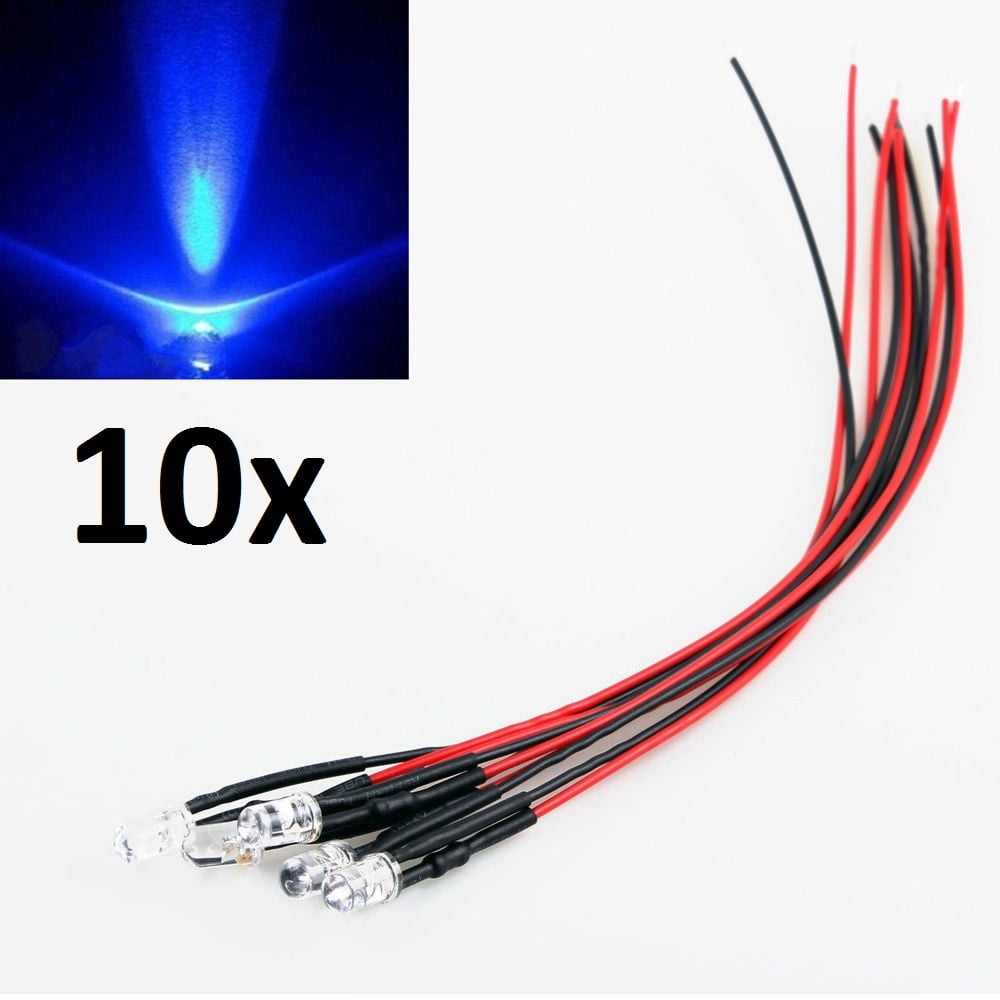 10x Blue LED Light Individual Single Bulb with Attached 9" Wire Bright