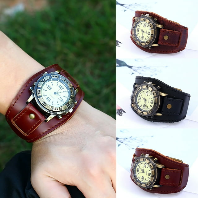 Trayknick Vintage Femmes Hommes Punk Faux Cuir Cadran Rond Bracelet Quartz Montres-Bracelets Marron