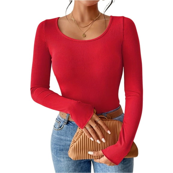 Lodgix Women Long Sleeve Scoop Neck Ribbed Knit Fitted Casual Tops Tee Slim Basic Shirts Red-L