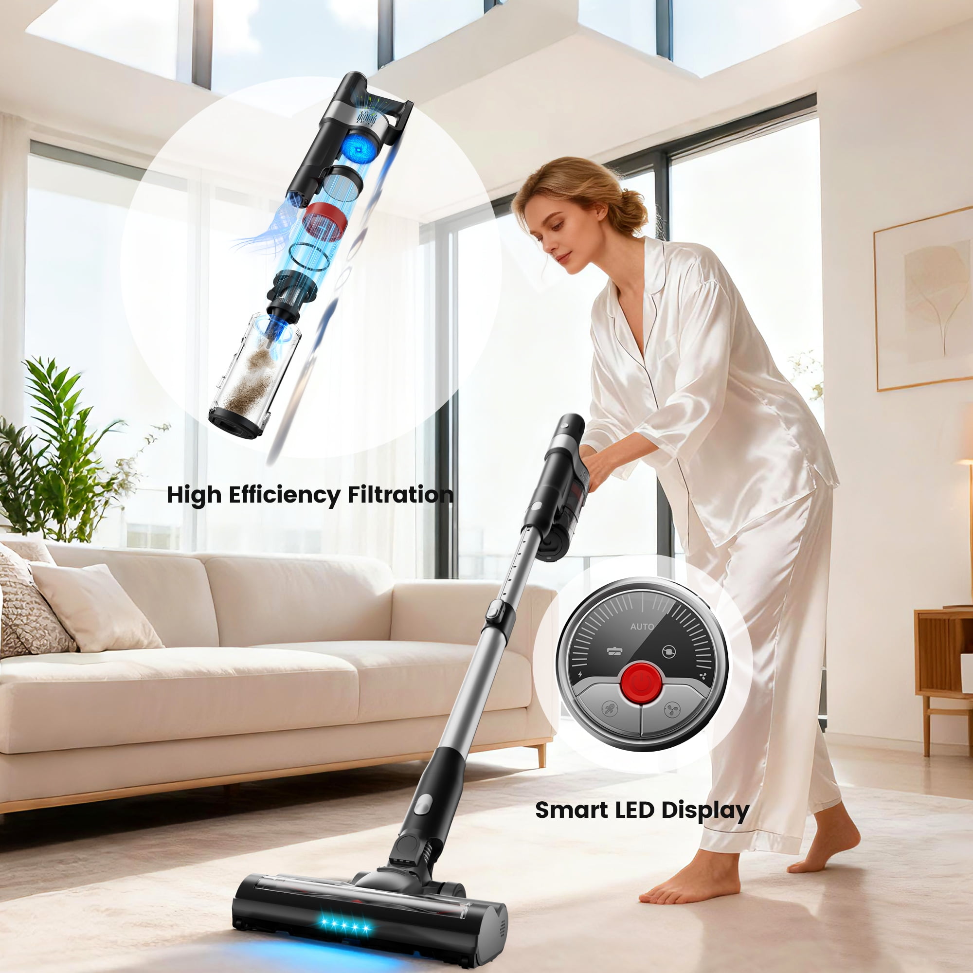 Cordless Vacuum Cleaner, 650W 45KPA 45Mins Self-Standing Vacuum Cleaner with Charging Station for Hard Floor Carpet Car Pet Hair Sofa, Self-Emptying Station, Anti-Tangle Brushroll, LED Headlights