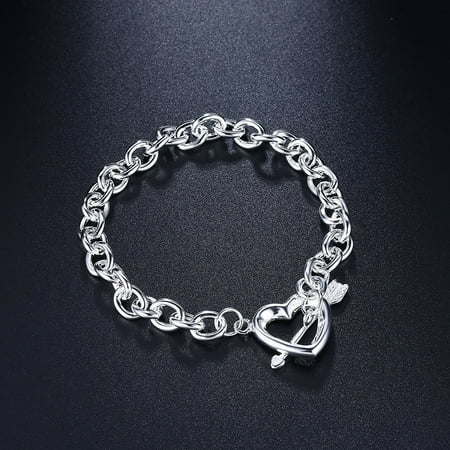 925 Silver Plated Bangle (Fashion 925 Sterling Silver Plated Bracelet with Heart & Arrow Pendant Bangles Charms Bracelets for)