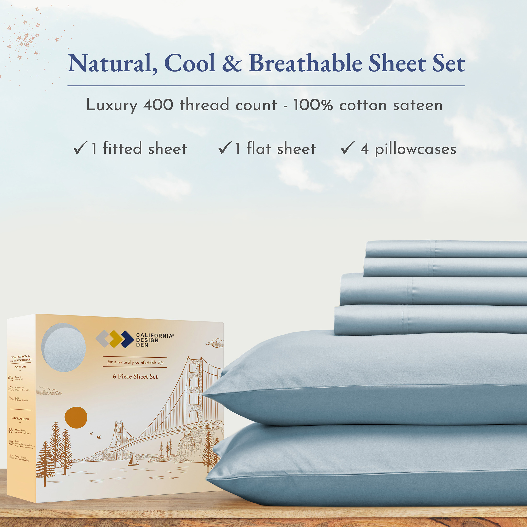 California Design Den 400 Thread Count Cotton Sateen Weave Full Sheet Set - 6 Pcs, Sky Blue - image 4 of 9