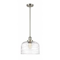 Innovations Lighting  Franklin Restoration Bell - 1 Light 12" Stem Hung Mini Pendant Clear Deco Swirl/Brushed Satin Nickel