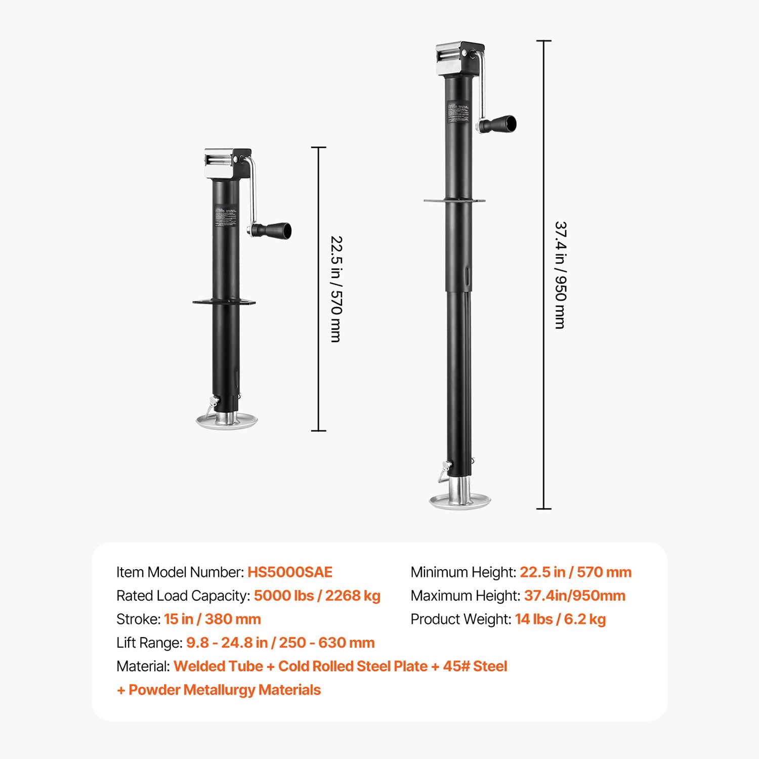 A-Frame Trailer Jack,5000 lbs Dynamic Load Capacity,Trailer Jack Stand with Handle&Rectangular Footpad,15-"Vertical Travel,Suitable for RV,Horse,Utility Trailers,Yacht Trailers