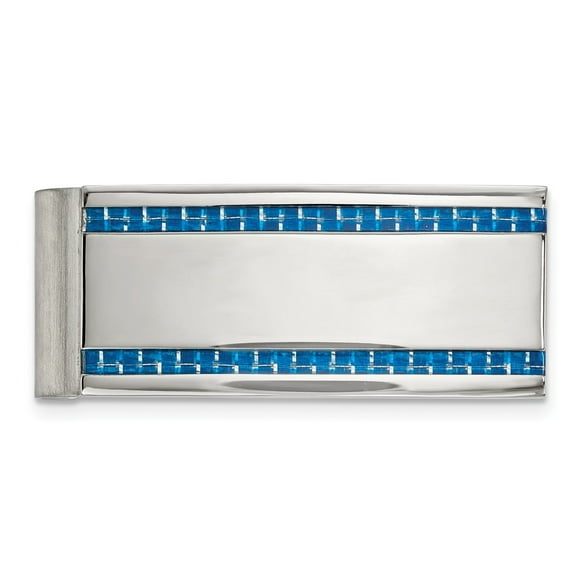 21.97mm Stainless Steel Engravable Polished Blue Carbon Fiber Inlay Money Clip Jewelry for Men