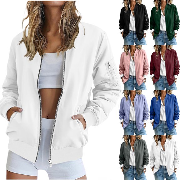 Chiccall Bomber Jackets for Women Lightweight Comfy Full Zip Long Sleeve Casual Coat Casual Everyday Outerwear