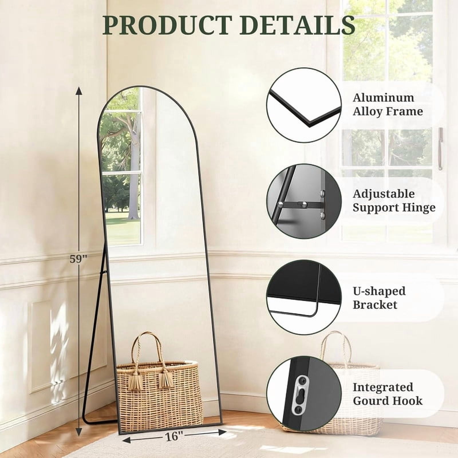 Easy4Home 59"x16" Arched Full Length Mirror Freestading Full Body Floor Mirror, Black