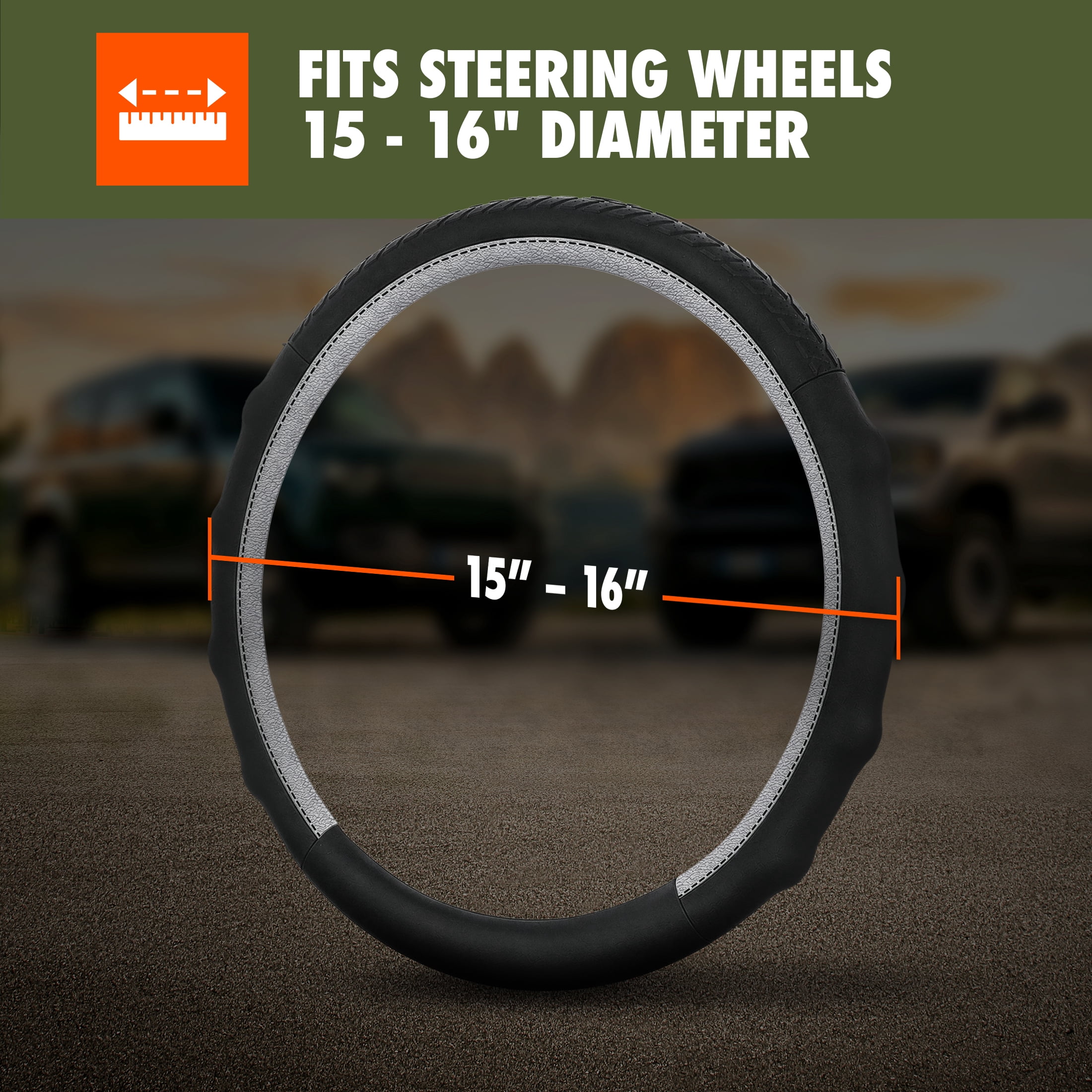 Ozark Trail Truck Steering Wheel Cover Genuine Leather with Contour Grip, Fits 16" diameter, Black Gray