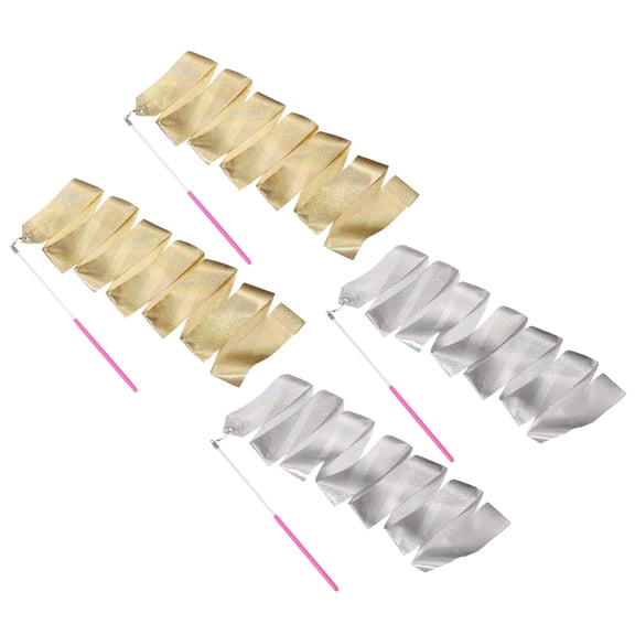 Uxcell 4 Pcs Dance Ribbons, 78.7 Inch Sparkly Gymnastics Ribbon Streamers with Pink Wand for Gymnastics Artistic, Gold/Silver