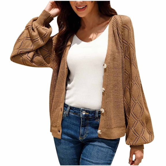 Kilaqueen Cardigan for Women Long Sleeve Button Down V-Neck Cropped Knit Sweaters Casual Solid Color Lightweight Outfits Clothes
