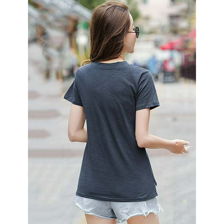 DanceeMangoo Summer V Collar Short Sleeve Cotton T Shirt Female Clothing Korea Classic Tee Asymmetrical Tops Black White Blue