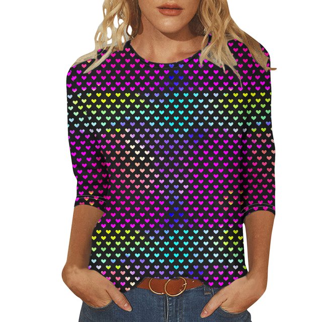Penkiiy T-Shirt de la Saint-Valentin pour Femmes Manches 3/4 Col Rond Mignon Cœurs Graphiques T-Shirts Mode Décontractée Blouse 5TG Multicolore