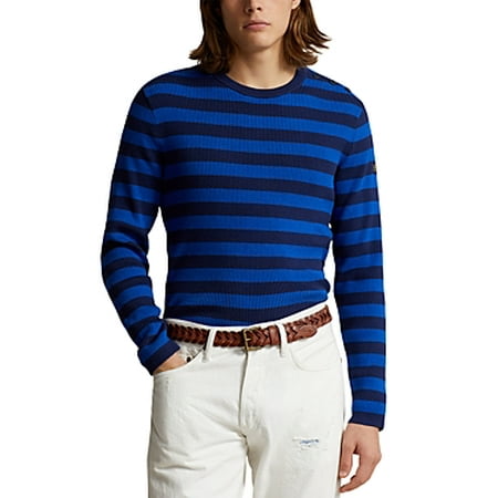Polo Ralph Lauren Mens Ribbed Knit Stripe Regular Fit Crewneck Sweater Blue Small