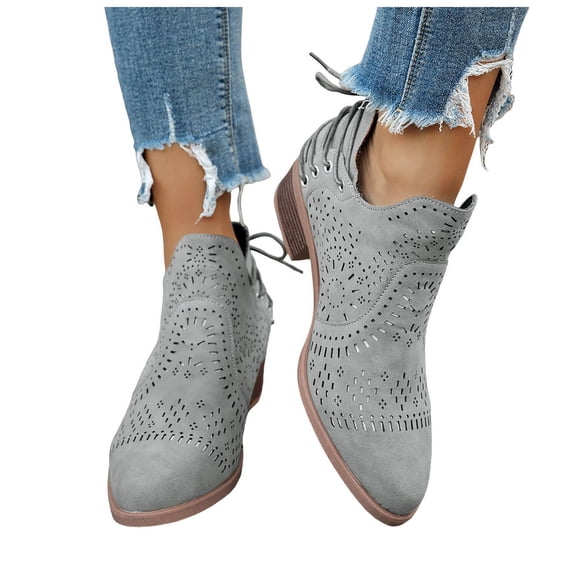 Women's Pointed Toe Slip On Ankle Boots Chunky Low Heel Fashion Back Lace up Hollow Out Casual Dress Shoes Gray Size 7