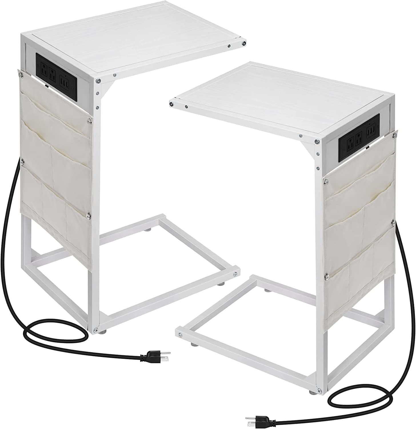 Set of 2 C Shaped End Table with Charging Station, Snack Side Table, C