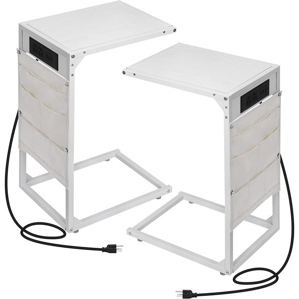 Set of 2 C Shaped End Table with Charging Station, Snack Side Table, C