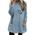 thumbnail image 2 of Black and Friday Deals 2023 Cotonie Solid Color Printed Round-Neck Fuzzy Fleece Pullover for Women Thick Thermal Sweather Warm Plush Long Sleeve Surcoat with Pockets,Light Blue,L, 2 of 4