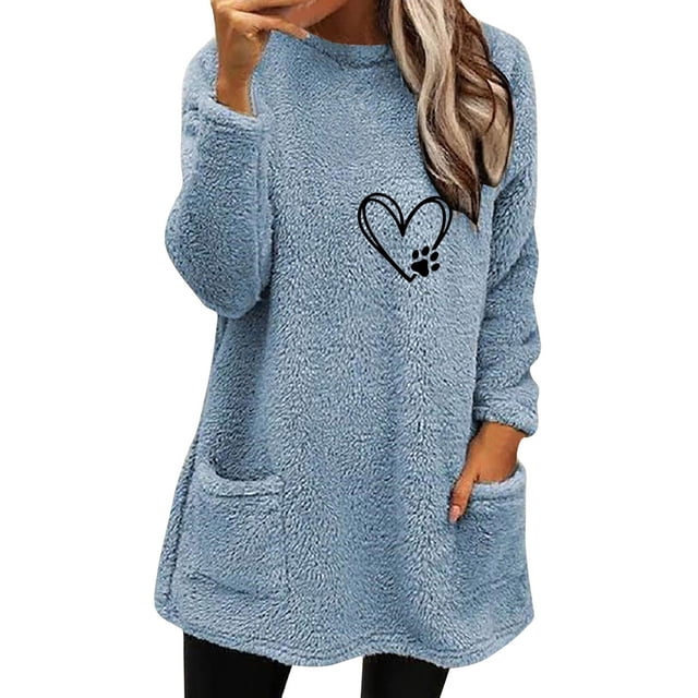 Qertyioot Hauts Grande Taille pour Femmes, Blouse à Col Rond et Imprimé d'Hiver Ample avec Poche Manches Longues