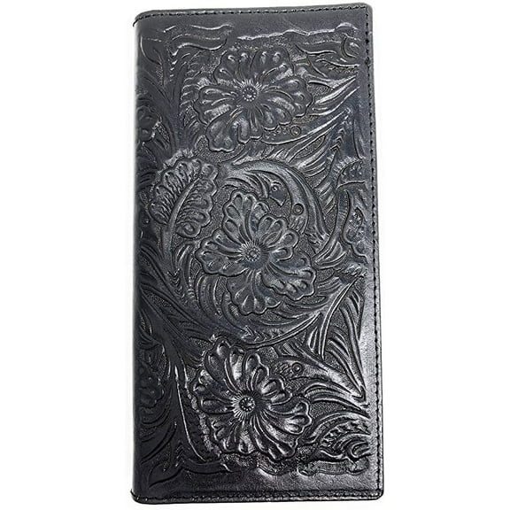 Western Genuine Leather Floral Tooled Laser Cut Mens Long Bifold Wallet in 8colors