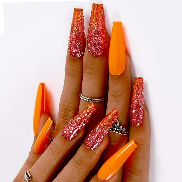  MERVF Coffin Press on Nails Long Fake Nails Orange French Tip  Ballerina Acrylic Nails with Rhinestones 24pcs Glossy False Nails for Women  : Industrial & Scientific