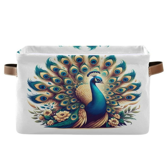 Beautiful Peacock Storage Bins with Handle Fabric Organizer Basket Foldable Box 1 Pack 14.2x10.2x8.3