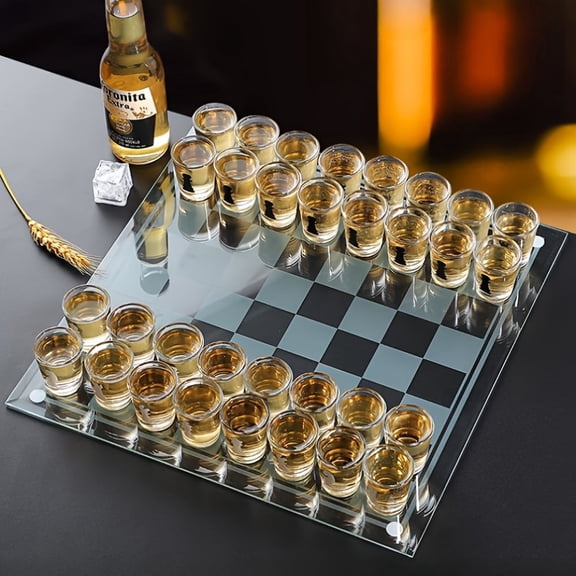 32Pcs Glass Chess Board Drinking Game Set, Acrylic Crystal Shot Glass Set with King Queen Design, Unique Chess Sets for Adult Game Nights, Bachelorette Christmas New Year Party Entertainment
