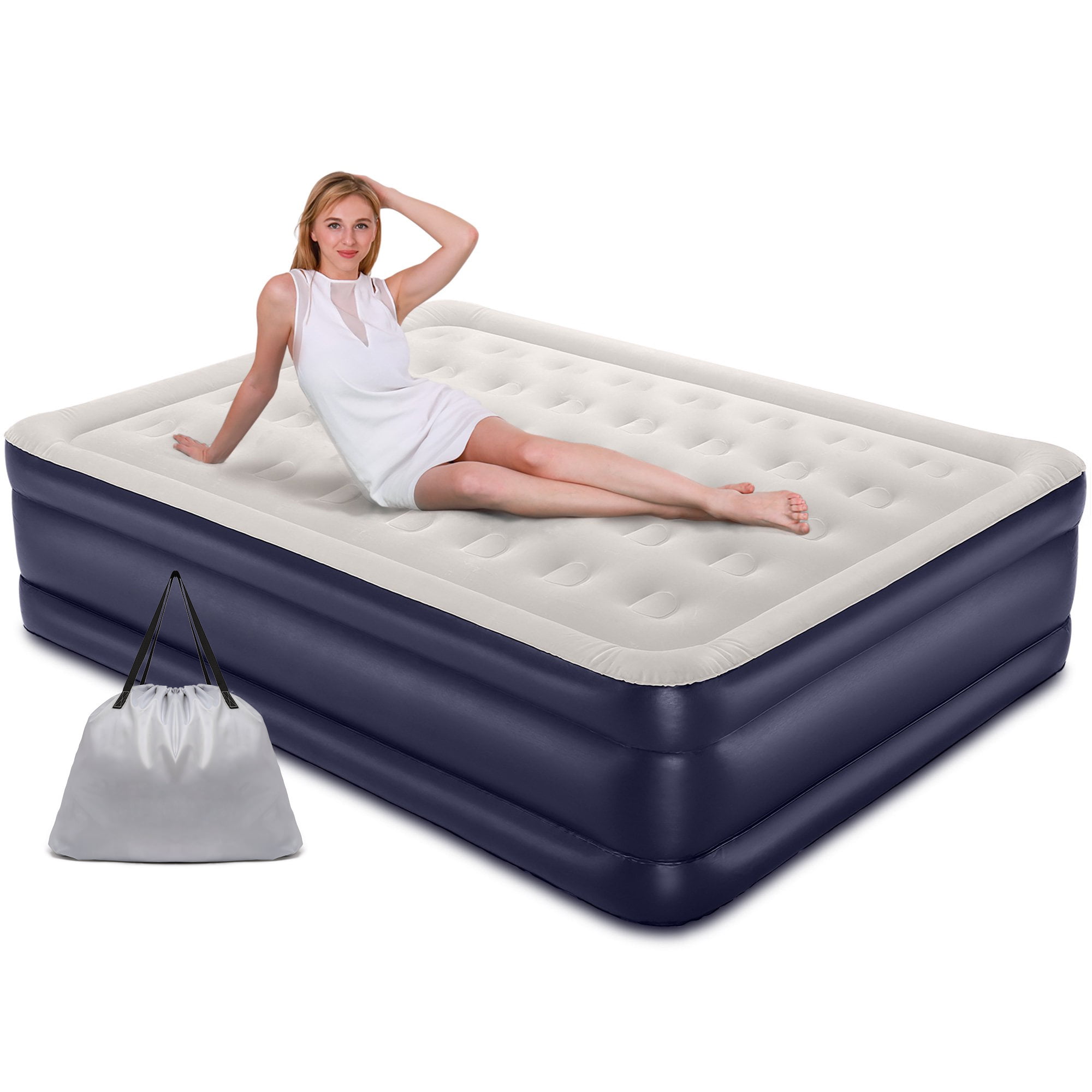Air Bed Queen Size Double Air Mattress Built-in Pump Elevated Inflatable Pillow 