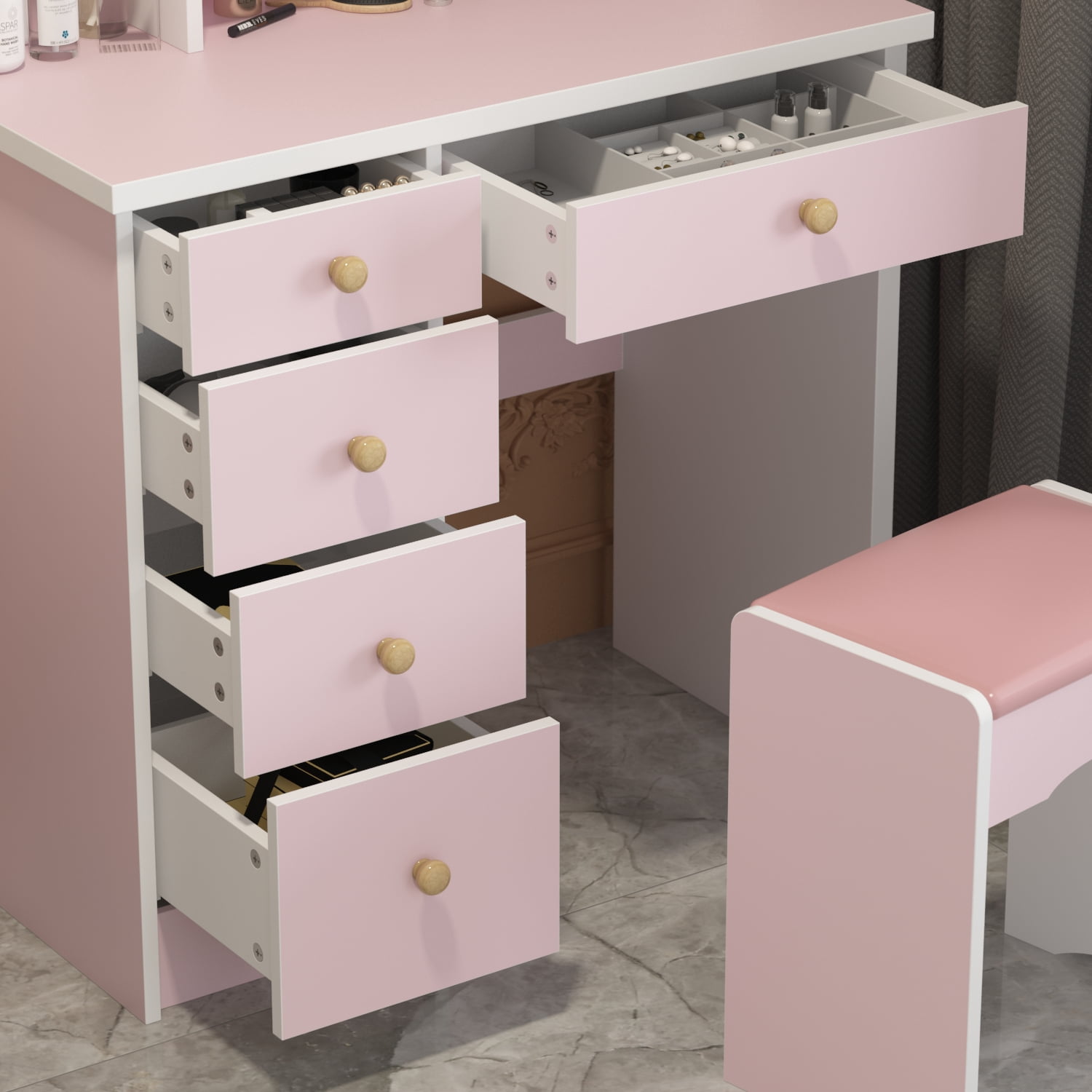 OxyLife Contemporary Vanity Set with LED Lights, Pink Table and Stool