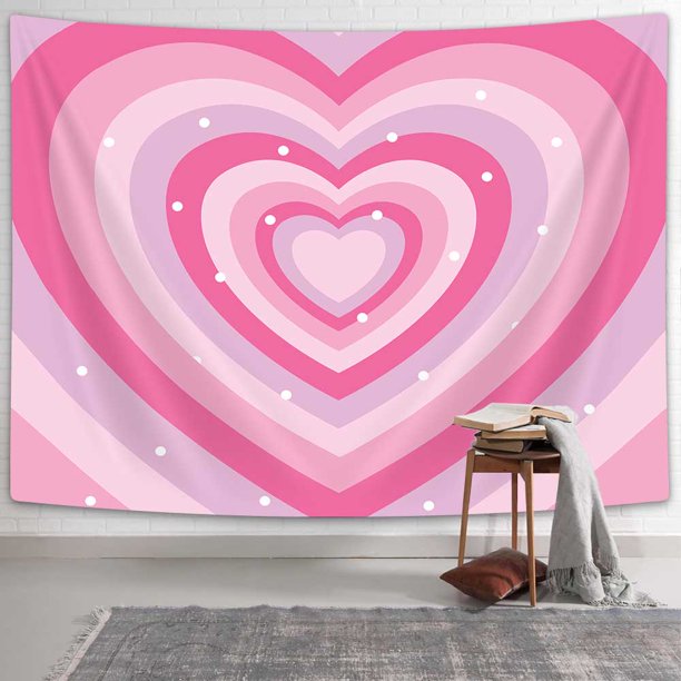 Cute Pink Aesthetic Tapestry For Girl Bedroom, Pink Red Heart Shaped