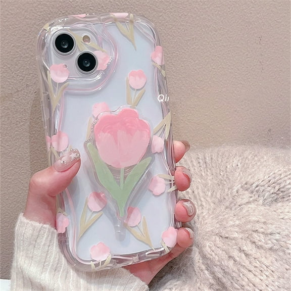 Cute pink tulip flower bracket clear soft phone case for iPhone 14 12 11 13 Pro Max girl floral soft silicone protective cover